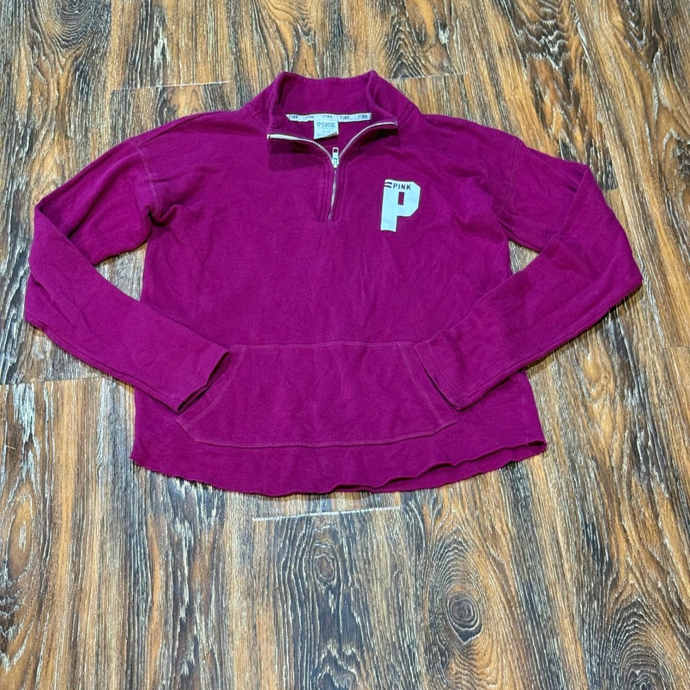 PINK Victoria's Secret Small Quarter Zip Pullover Womens Magenta Logo Sweater